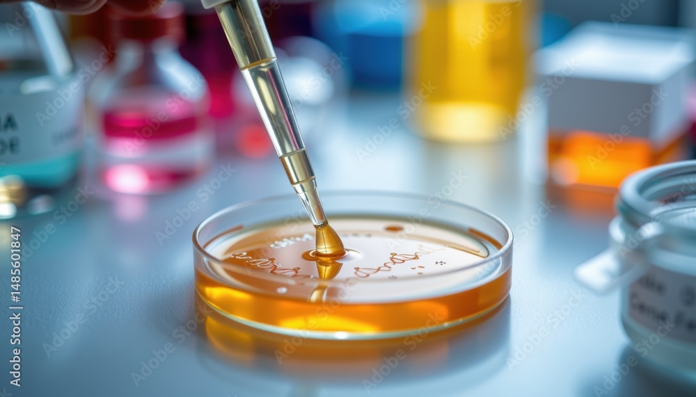 Aufkleber laboratory scene with pipette and colorful liquids in background.