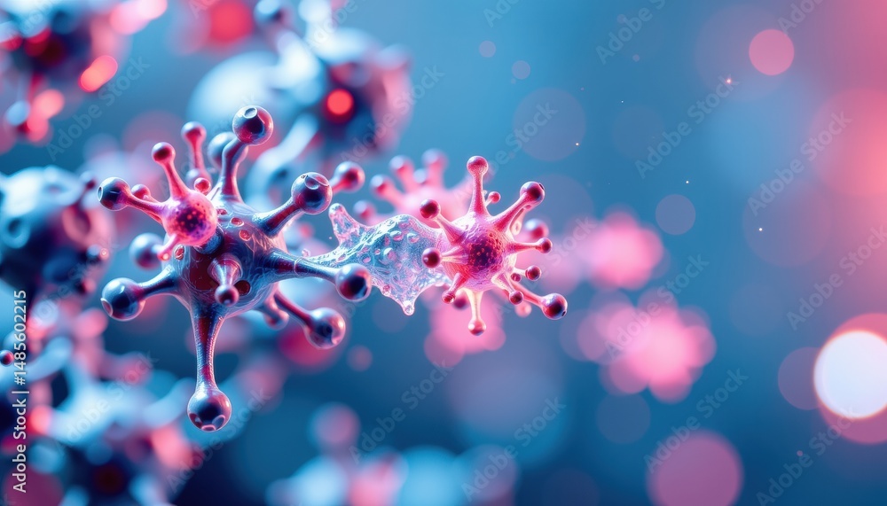 Poster microscopic view of colorful virus-like structures.