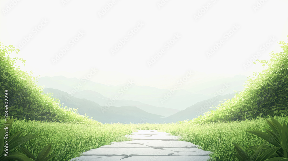 Poster inviting pathway through a lush green forest surrounded by trees and foliage creating a sense of tra