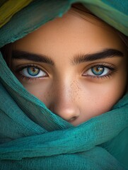 Fototapeta premium Close-up of Woman in Headscarf Reflecting Cultural Heritage and Beauty