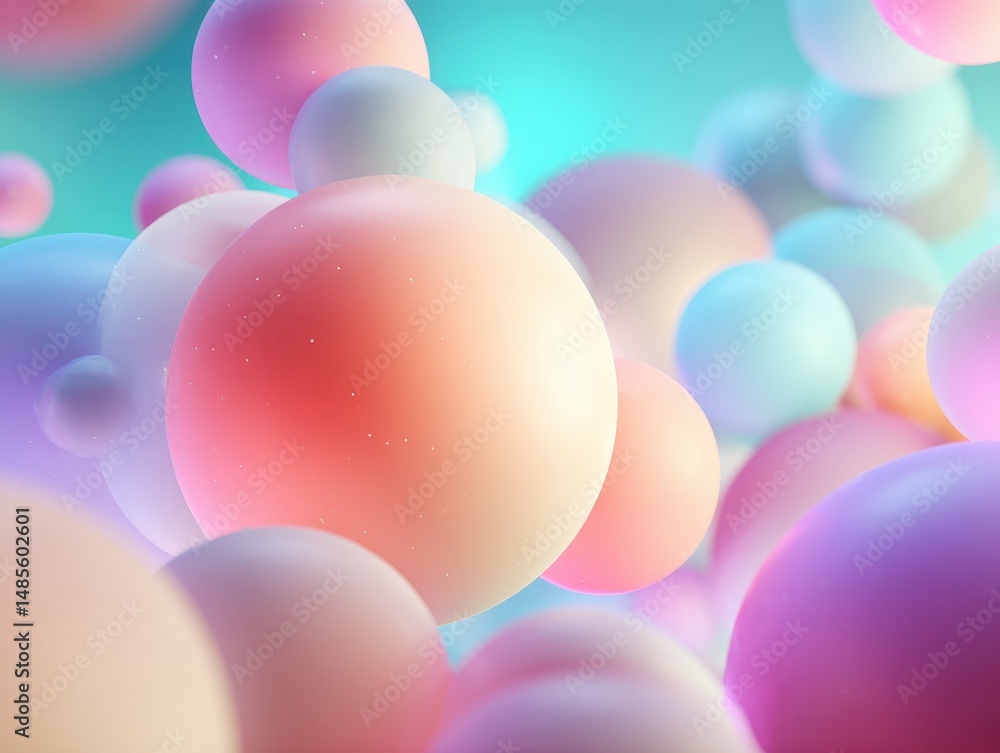 Poster colorful soft spheres in a dreamy atmosphere with a gentle blend of pastel tones and soft lighting, 