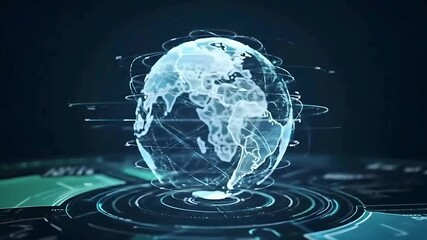Animated futuristic globe with data visualization and global network connections