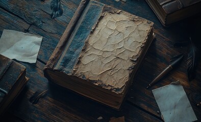 Aged book on a weathered wooden surface.  Faded cover,  worn spine, and  cracked leather.  Paper notes and quill pen are scattered
