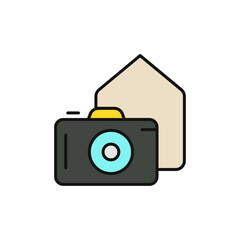 Creator Studio Icon, DSLR Camera with Small House Above.