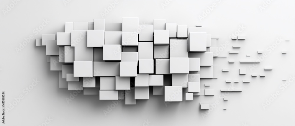 Poster ascending white squares in abstract cluster, some trailing off to right