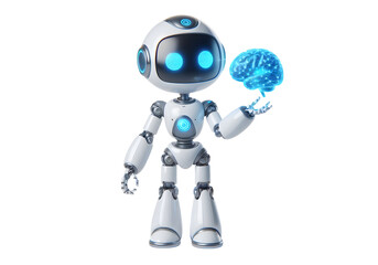 Obraz premium Ai robot Character in Holding a glowing brain hologram Friendly isolated on white background