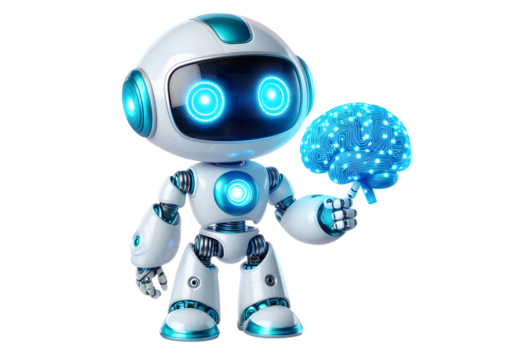 Ai robot Character in Holding a glowing brain hologram Friendly isolated on white background