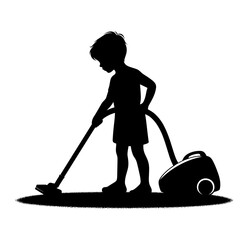 Silhouette of child vacuuming floor indoors