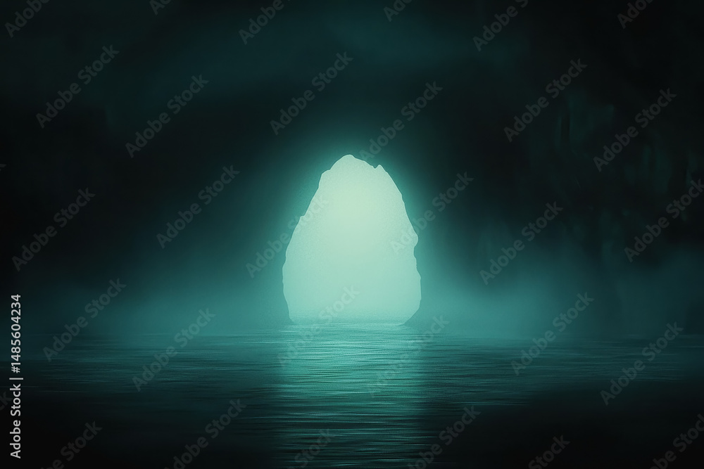 Poster mysterious ocean cave with a bright light at the end creating an intriguing pathway to adventure and