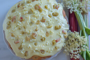 sweet home made elderflower rhubarb cake
