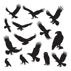 Set of black bird' vector icon silhouettes isolated on white background