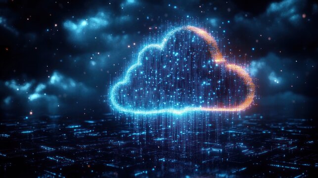 Glowing digital cloud composed of blue and orange pixels and light particles floating above a futuristic circuit board with dark cloudy background, symbolizing cloud computing technology - Powered by Adobe