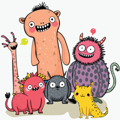Set of funny and friendly creatures. Vector doodles.