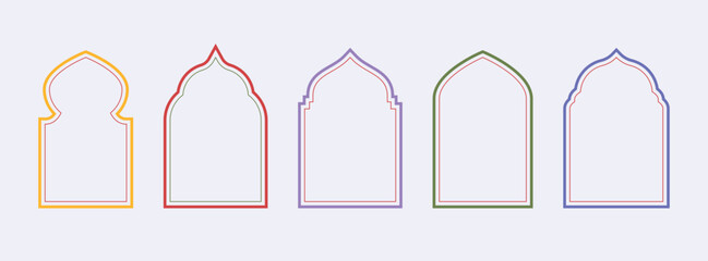 Set of Islamic Window Style Frames with Double Outlines. Arch Borders in Yellow Red Purple Green Blue. Traditional Middle Eastern Motif. Vector Illustration on Soft Violet Background