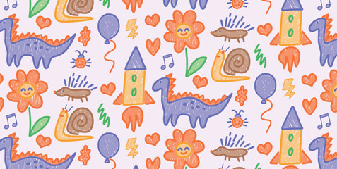 Seamless colorful crayon pattern with dinosaurs and rockets. Flowers with smiling faces, snails and balloons scattered in playful hand-drawn composition. Vector illustration design.