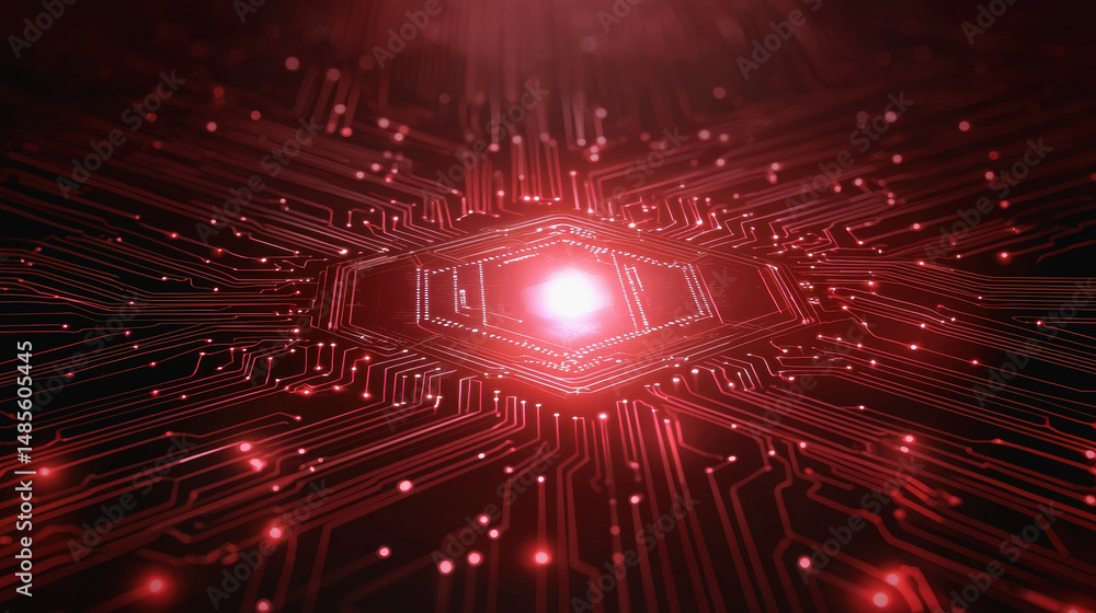 Poster futuristic sci-fi circuit board design with a red light emitting from its intricate pathways and con