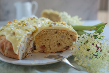 sweet home made elderflower rhubarb cake