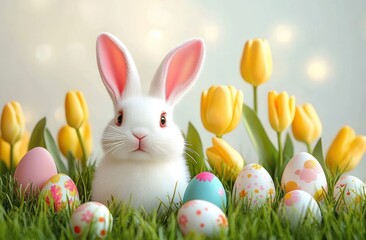 Fototapeta premium White bunny sitting in green grass surrounded by decorated Easter eggs and yellow tulips under soft lighting