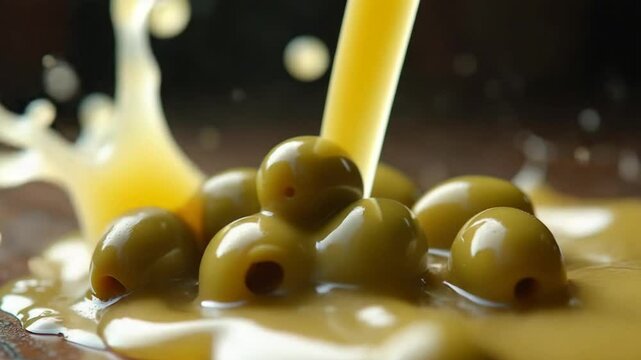 The olives fall on the table with splashes. Filmed on a high-speed camera at 1000 fps. High quality FullHD footage