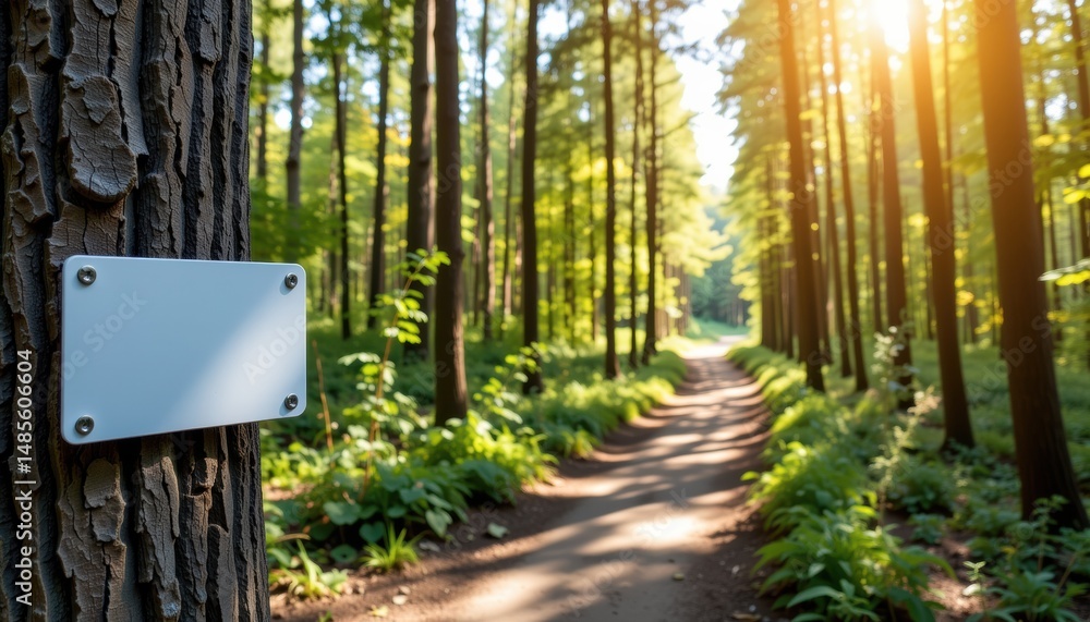 Poster wooded path with sunlight filtering through trees.