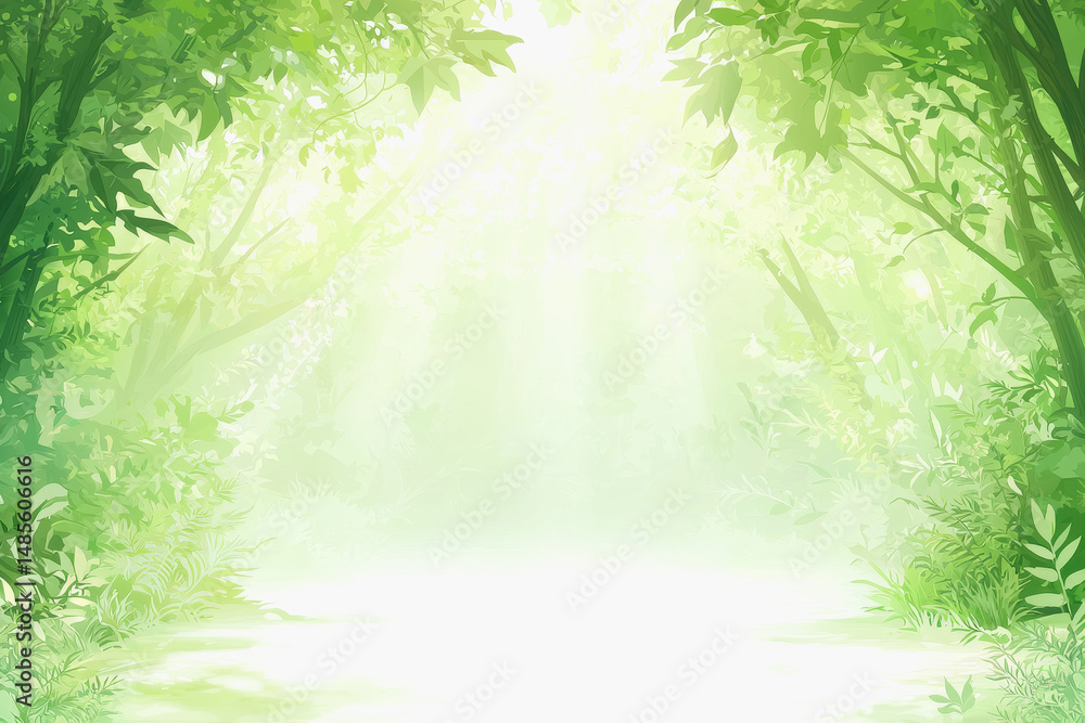 Poster serene sunlit forest path with sunrays shining through lush green trees creating a tranquil atmosphe