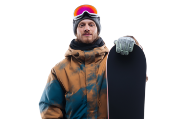  snowboarder poses with his board isolated on white background