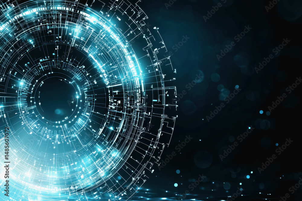 Poster futuristic blue circle with lines and dots depicting a time travel portal concept in an abstract dig