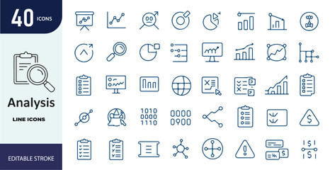 Analysis Line Icons Set – Infographic, Analytics, Charts, Report, Balance, Editable Stroke Vector Illustration