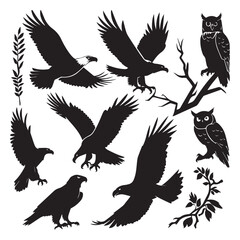 Set of black bird' vector icon silhouettes isolated on white background