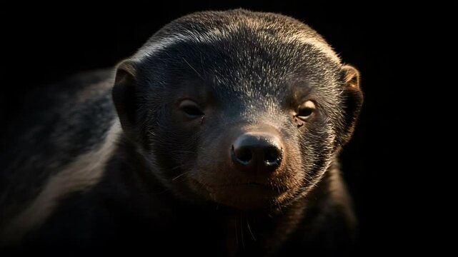 Honey badger portrait with dark background and intense stare isolated studio