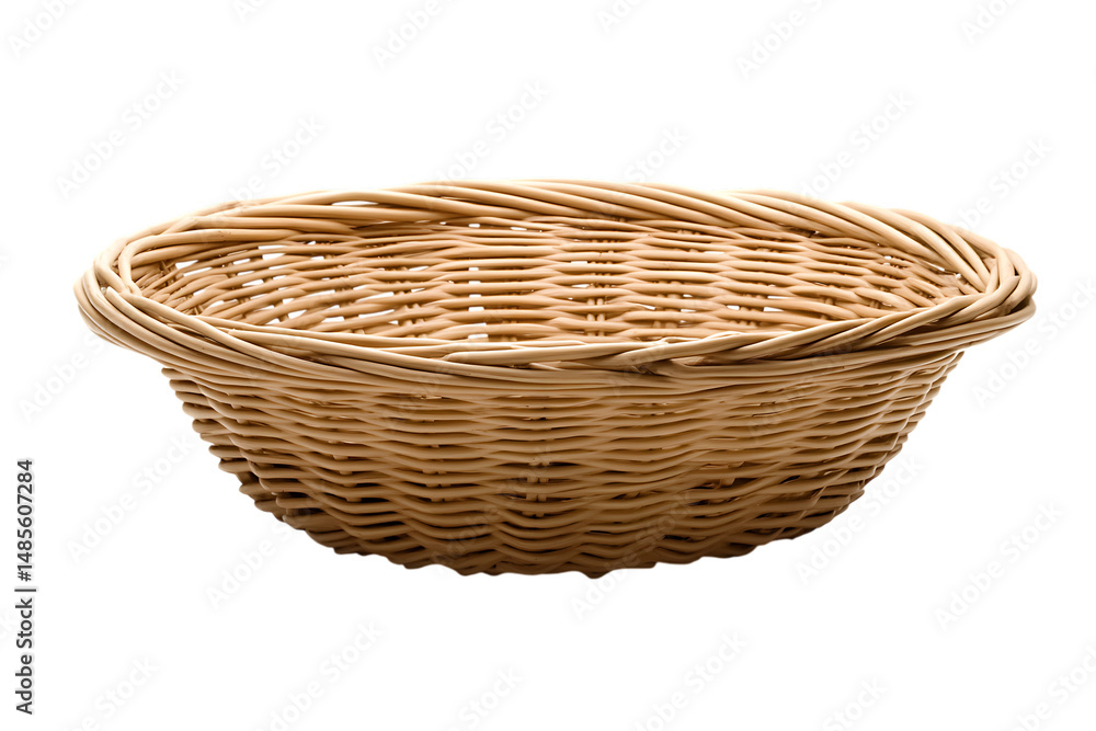 Poster woven wicker basket isolated on transparent background, displaying a classic round form and textured
