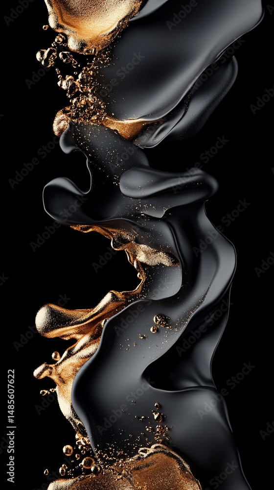 Poster black and gold abstract fluid design with dynamic splashes and flowing forms against black