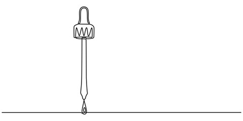 Eyedropper and drop of essential oil, Dropper and bottle with serum or oil, line. Cosmetic product in vial with pipette. Outline simple vector, continuous one line drawing, minimalist concept pro.