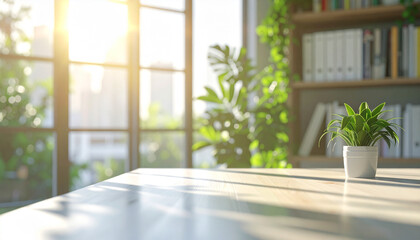 Bright white desk with books and large window in the background, bathed in natural light — ideal workspace mockup