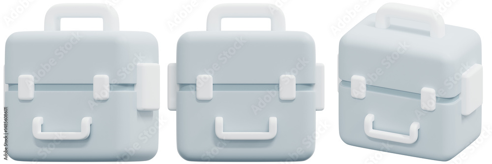 Poster set of light blue briefcases in isometric view with white handles and clasps 3d render icon illustra