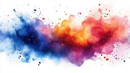 Abstract watercolor splash blending from deep blue to purple, orange, and red on white background evoking creativity and energy