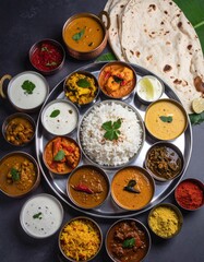 Indian vegetarian thali style dishes, platter and small dishes, banana leaf thali