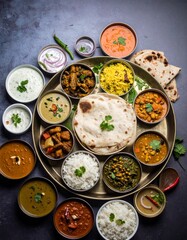 Indian vegetarian thali style dishes, platter and small dishes, banana leaf thali