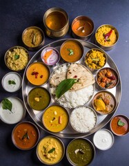 Indian vegetarian thali style dishes, platter and small dishes, banana leaf thali