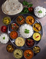 Indian vegetarian thali style dishes, platter and small dishes, banana leaf thali