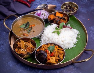 Indian vegetarian thali style dishes, platter and small dishes, banana leaf thali