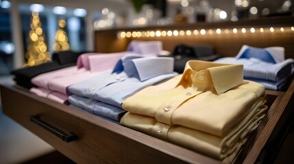 Neatly arranged folded formal shirts showcase color variations and textures in a retail setting, highlighting style and attention to detail.