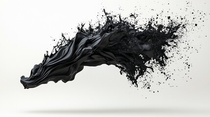 Black fabric tearing apart, dynamic motion, splashes against white backdrop