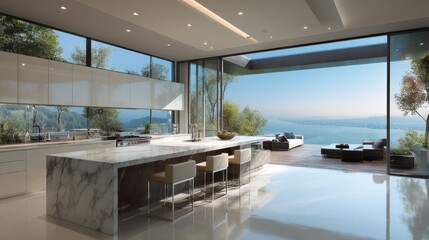 Fototapeta premium Luxury Lake View Kitchen: Modern Architectural Design with Stunning Panoramic Views