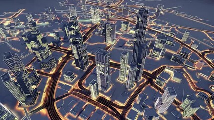 Drone view tracks expanding 3-D city model as roads stretch, city model streets light up while skyline forms, creators use city model builds for urban planning. concept smart growth