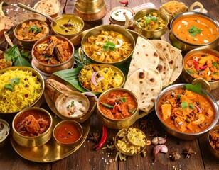 Indian vegetarian thali style dishes, platter and small dishes, banana leaf thali