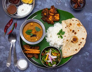 Indian vegetarian thali style dishes, platter and small dishes, banana leaf thali
