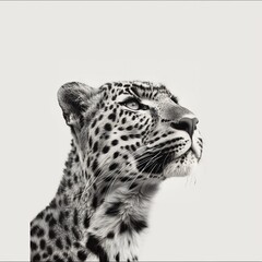 A majestic golden leopard, its intricately detailed fur and prominent whiskers captured in a high-resolution black and white portrait, gazing upwards with a sense of contemplation.