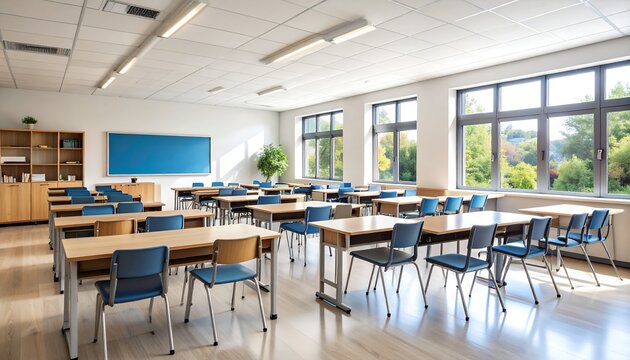 Classroom Interior with Desk Chair and Chalkboard - Powered by Adobe