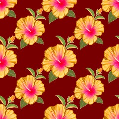 Seamless floral pattern featuring vibrant yellow flowers with green leaves and orange stamens on a deep red background. The design repeats uniformly for textile or wallpaper use.